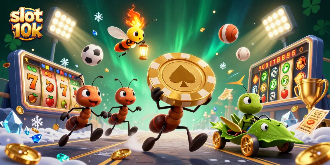 Engage in slot 10k gaming adventures as ants heist golden poker chips in this vibrant 3D illustration.