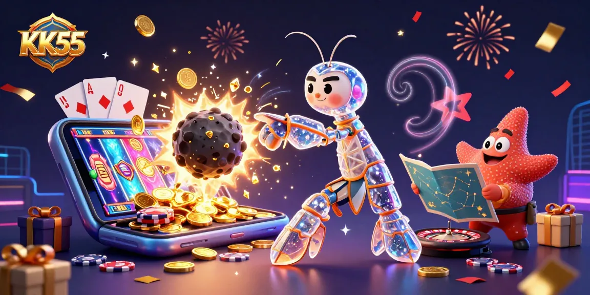 Engage with KK55's explosive gaming adventure featuring a cosmic shrimp and starfish.