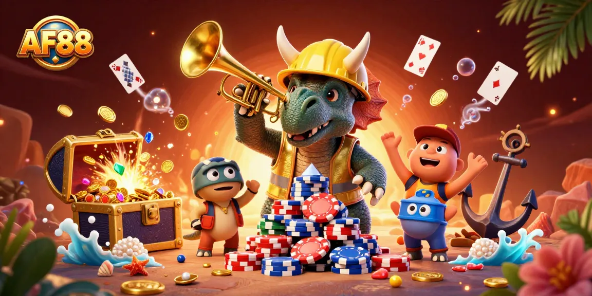 Engage with AF88's thrilling world as cartoon dinosaurs build poker chip towers in an exciting casino scene.