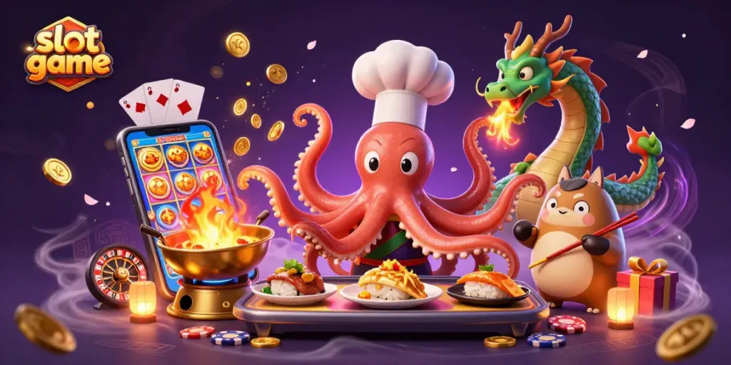 Engage in thrilling slot game action with colorful reels, coins, and characters.