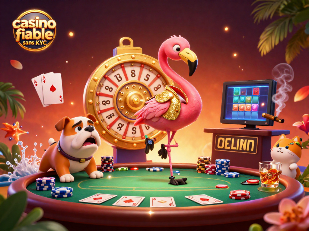 Illustration dynamique d'un casino fiable sans KYC avec un animateur, un bulldog participant, et un assistant félin révélant des prix.