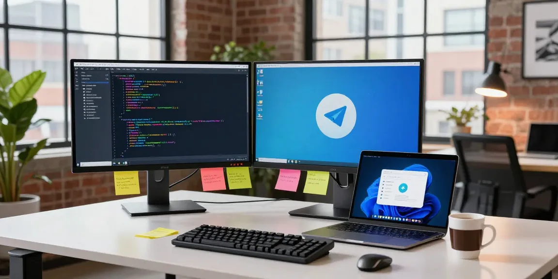 Developer coding on Telegram software in a modern workspace with city views, showcasing 纸飞机中文版.