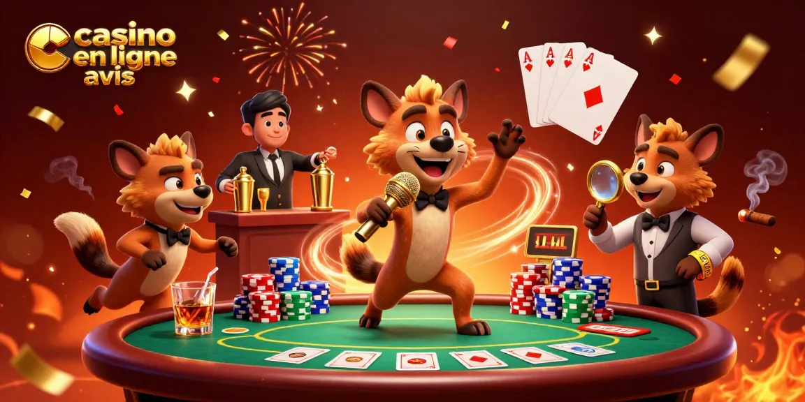 Illustration dynamique de hyènes dans un club de casino, offrant des avis sur casino en ligne.