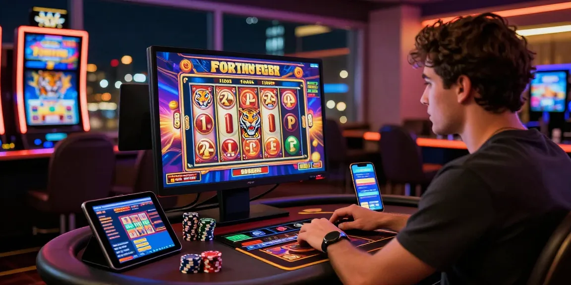 Exciting gameplay at a Fortune Tiger slot machine in a vibrant online casino scene.