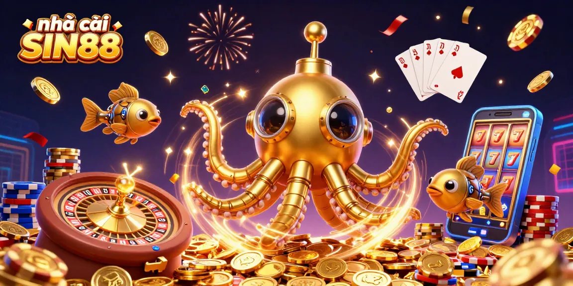 Experience excitement and fun with nhà cái SIN88 in this vibrant 3D casino scene full of golden coins.