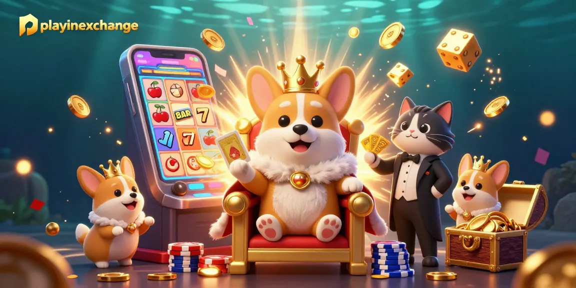 Engage in thrilling gameplay with playinexchange's royal corgi throne surrounded by vibrant casino elements.