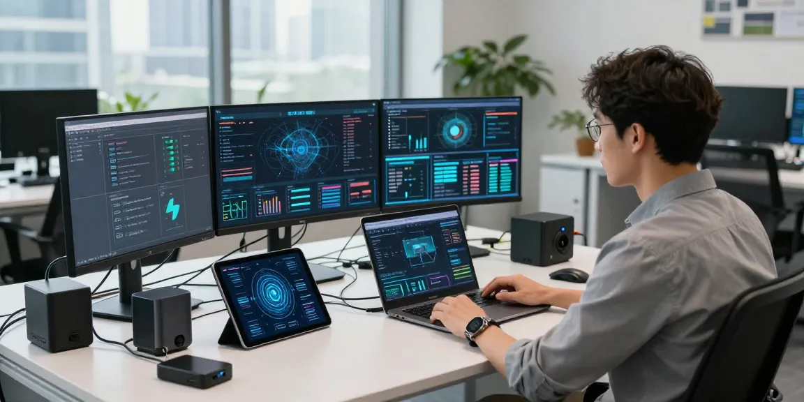 A data analyst demonstrating edge computing principles in a modern office, with vibrant tech displays and connected devices.