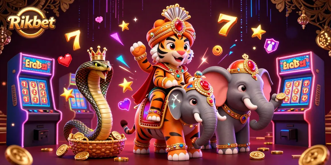 Experience exciting gaming action at Rikbet with a vibrant scene featuring a maharaja tiger, elephant, and slot machine elements.