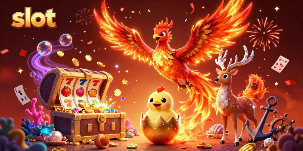 Experience winning with slot games featuring a fire phoenix and vibrant 3D elements in a captivating scene.