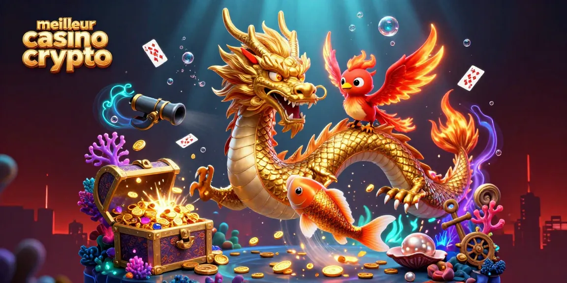 Découvrez le meilleur casino crypto avec un dragon doré et un poisson chanceux, plongé dans des pièces.