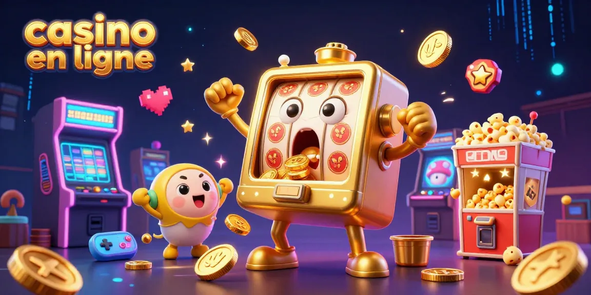 Jouez dans un casino en ligne avec une machine à sous animée célébrant un jackpot, entourée de jeux animés.