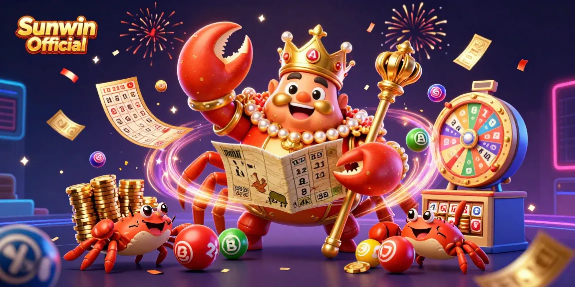 Experience the excitement of game winnings at Sunwin Official with vibrant lottery balls and a golden crab emperor.