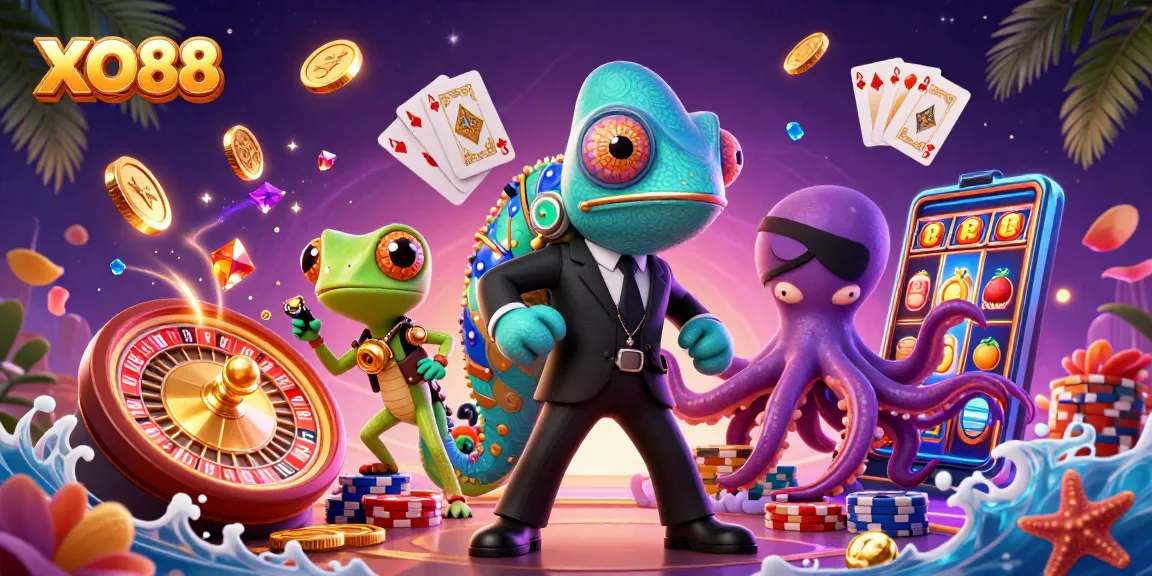 Spin the reels with XO88’s thrilling slots illustrated by vibrant characters and casino elements.