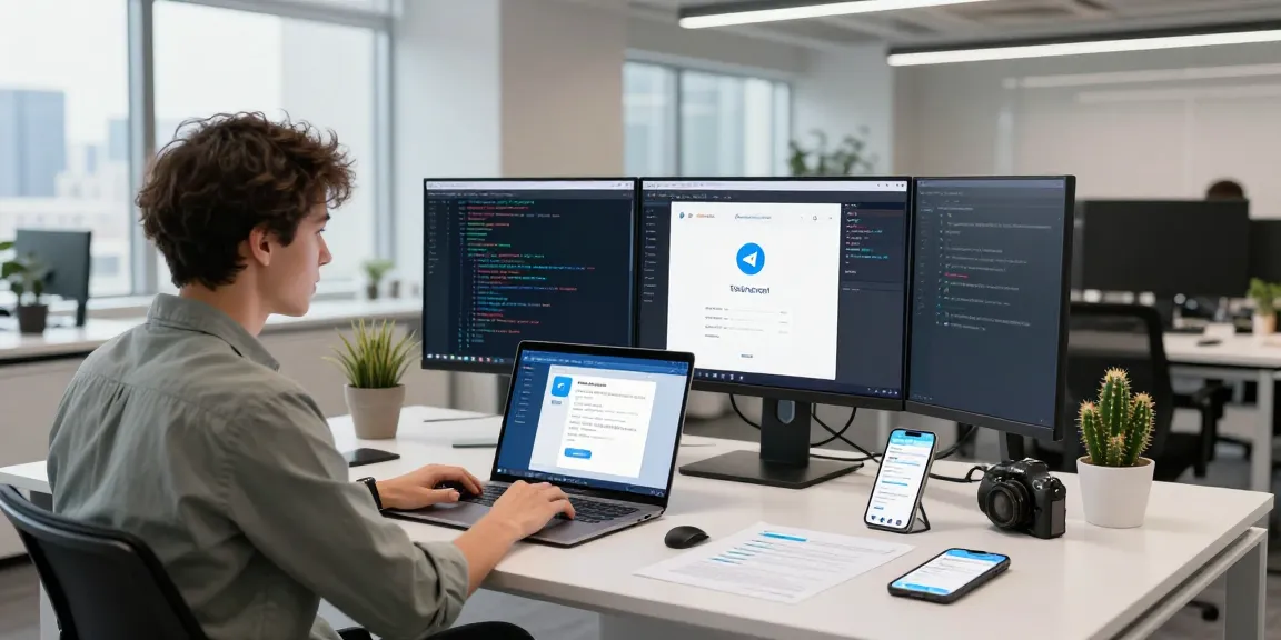 Dynamic tech workspace illustrating telegram china verification process with devices and screens.