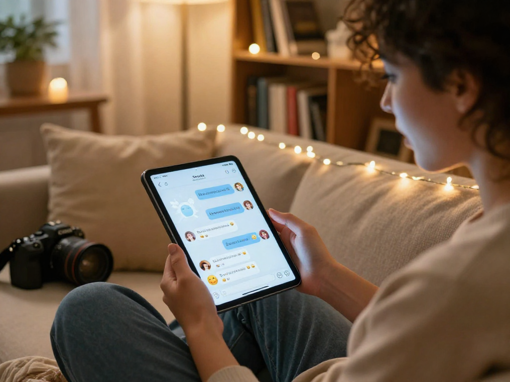 Engaging scene of ai nsfw chat between individual and AI characters in cozy setting.