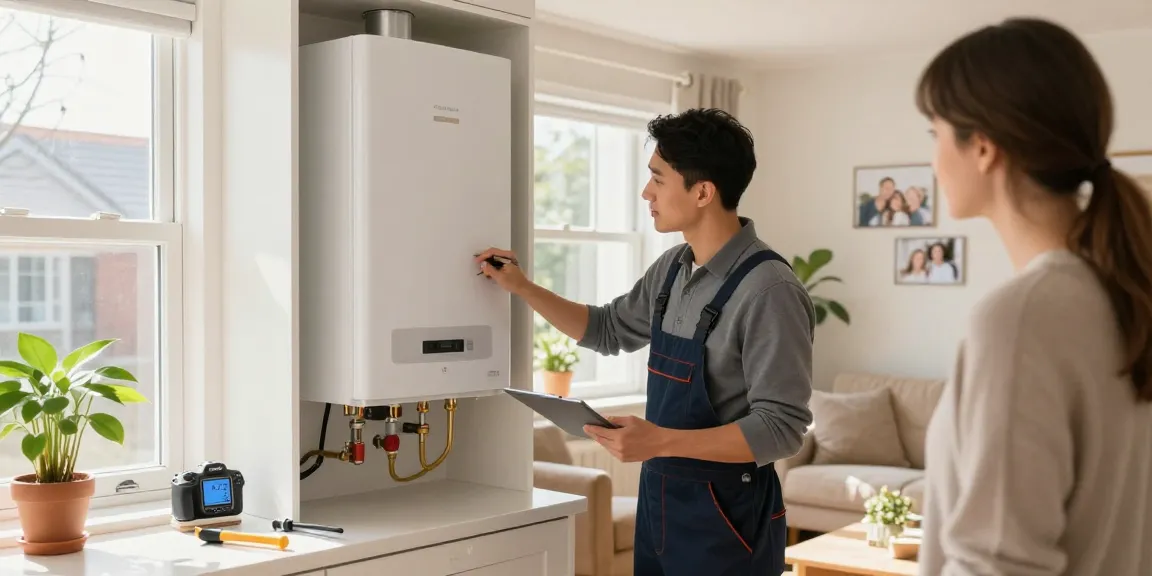 Expert heating engineer providing boiler repair belfast service in a cozy living room, showcasing a high-efficiency system.