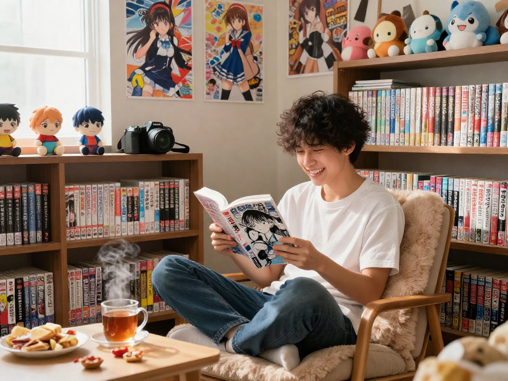 Reader enjoying a manga from https://hitomi-mangaraw01.com/ in a cozy, colorful reading space filled with vibrant decor.