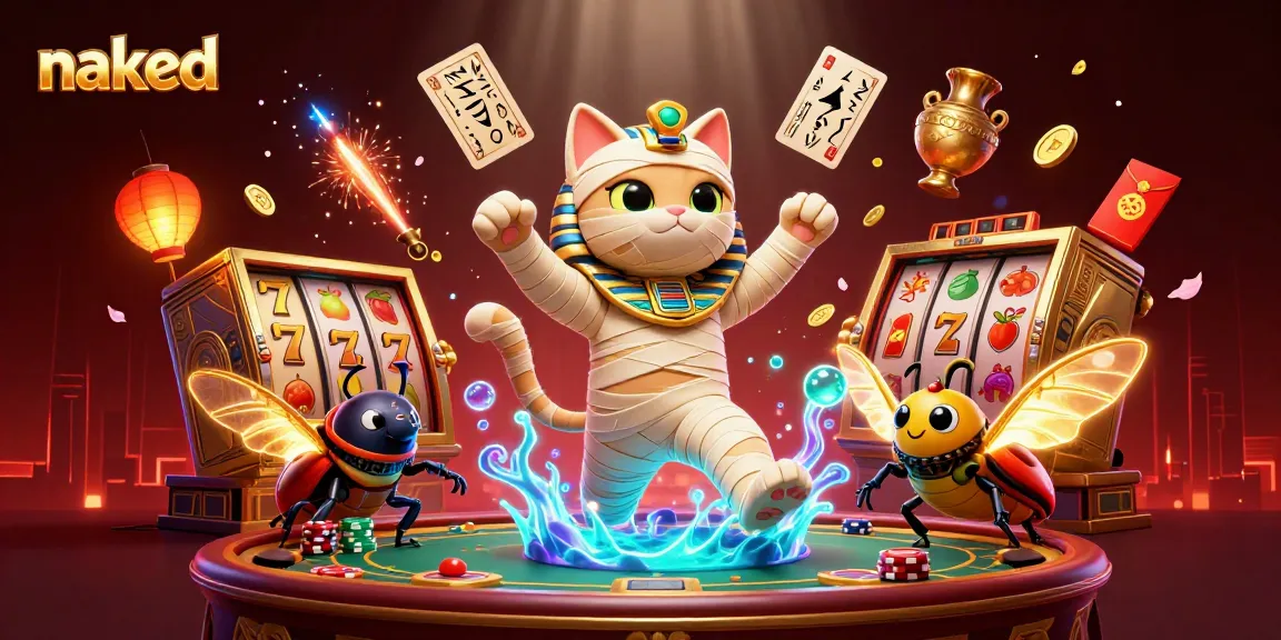 Spin lucky reels with naked Egyptian mummy cat in a vibrant casino scene.