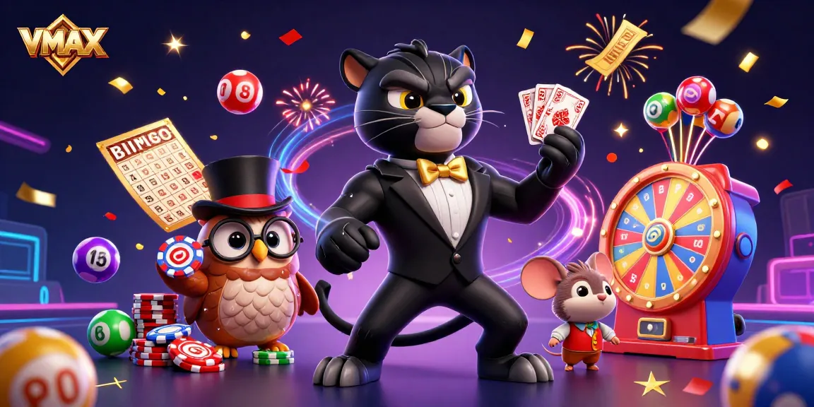 VMAX casino illustration with a panther, owl, and mouse engaging in a vibrant gambling scene