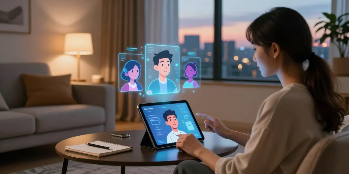 Engaging with CrushonAI on a sleek tablet showcasing diverse AI characters in a cozy modern living room.