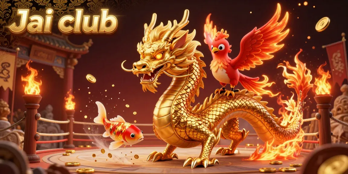 Experience the thrill of Jai club with a dynamic scene featuring a golden dragon and a lucky koi fish.