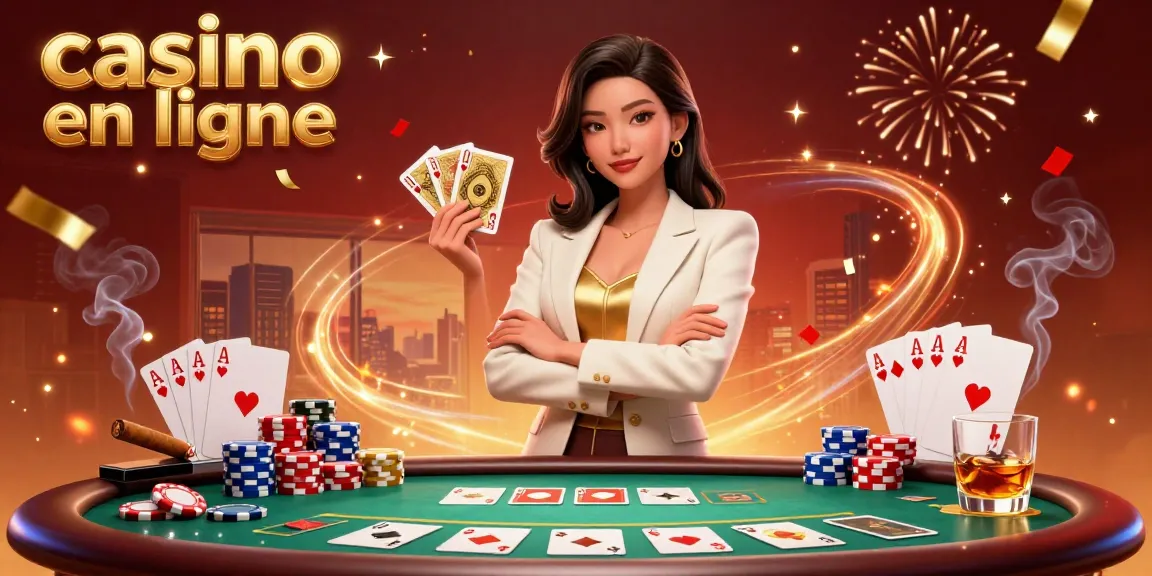 Engagez-vous dans le monde passionnant du casino en ligne, avec une femme d'affaires puissante au milieu d'éléments de poker vibrants.