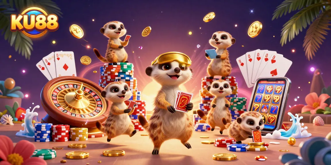 Spin and win at KU88 with meerkats managing a vibrant casino, showcasing excitement and gameplay.