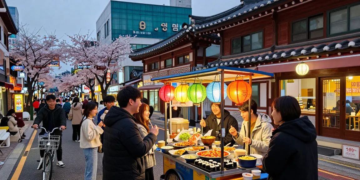 순천OP에서 즐거운 시간 보내는 친구들, 전통 음식과 활기찬 거리 분위기