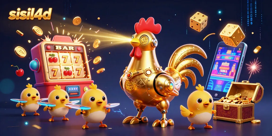 Engage with sisil4d's thrilling 3D illustration of a savvy golden rooster robot amidst jackpot-winning action.