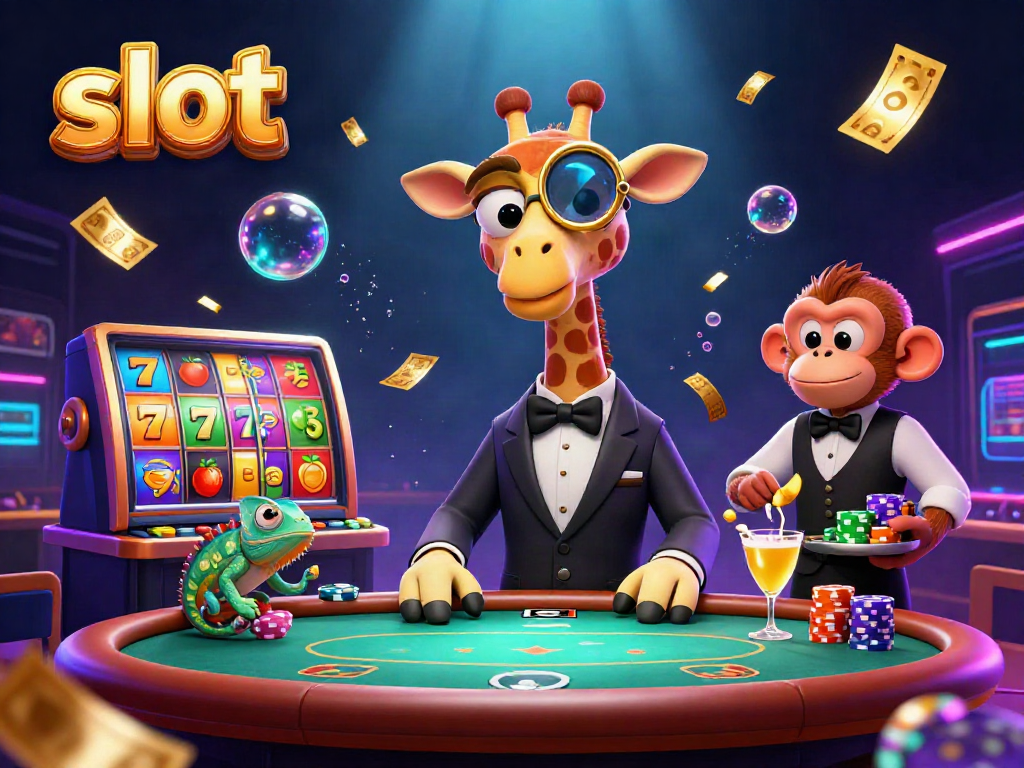Jerapah berkelas dan teman-teman bermain slot dengan simbol buah, uang, dan tiket di kasino.