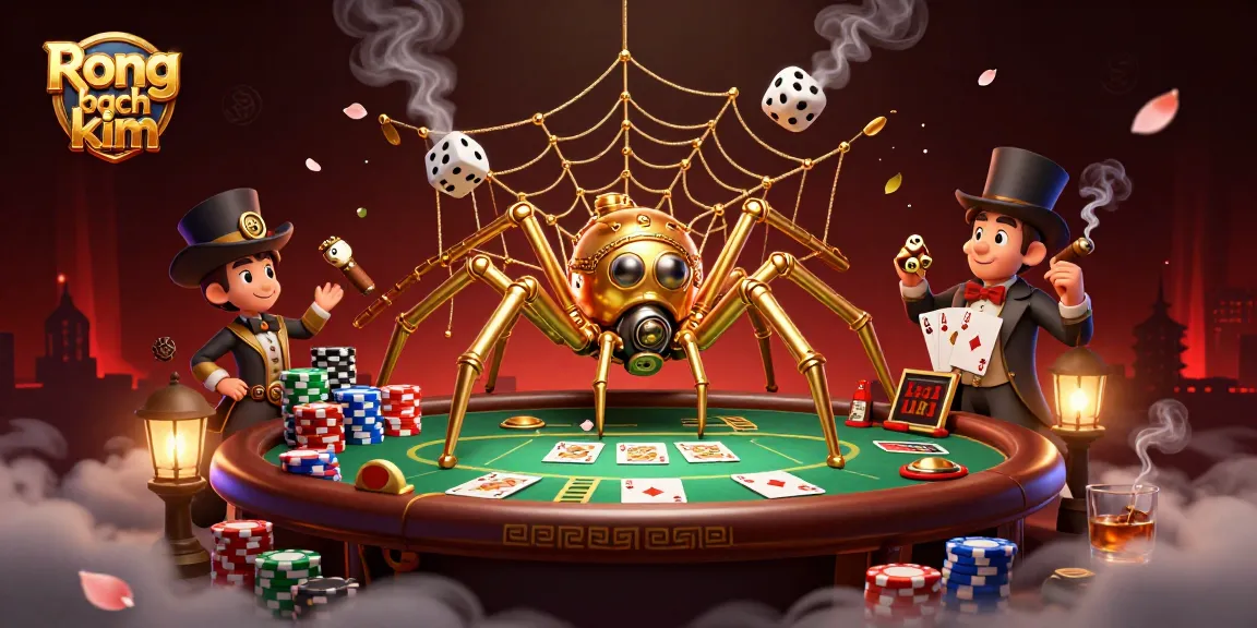 Rong bach kim showcases a 3D illustration of a spider weaving its web of gold and poker chips in a casino setting.