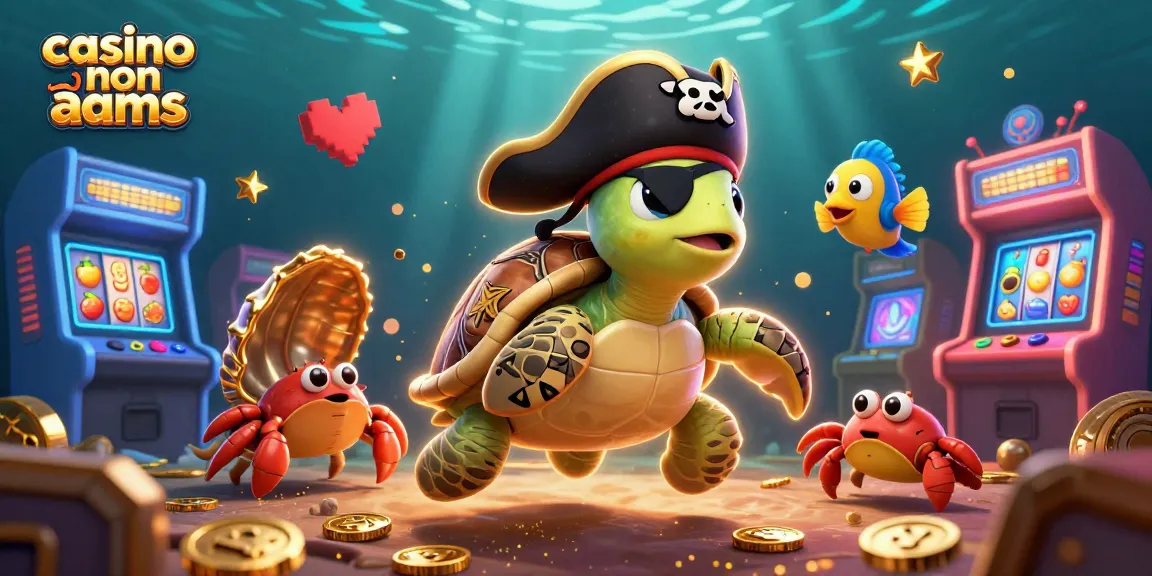Vivi l'emozione dei giochi nei casinò non AAMS con una tartaruga pirata e amici in mezzo a tesori ed elementi di gioco.