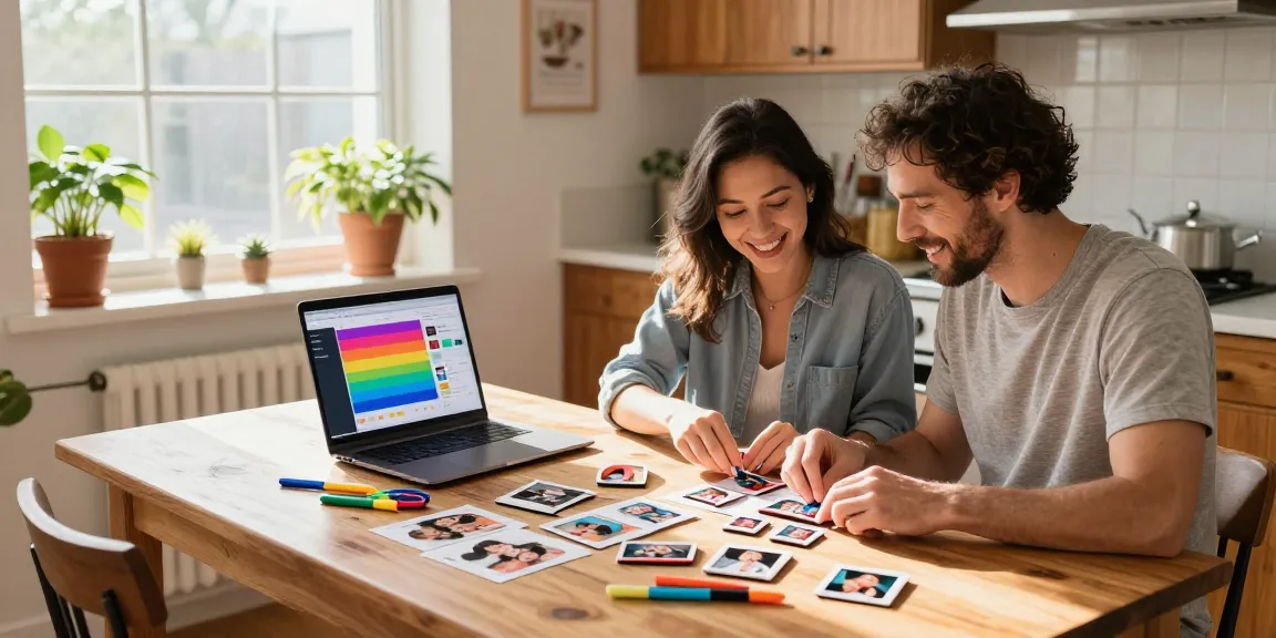 Creating personalized photo magnets in a sunlit kitchen with cherished family photos.