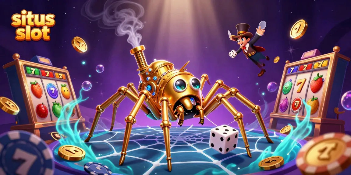 Experience situs slot with an intricate golden web of excitement, showcasing vibrant casino elements.
