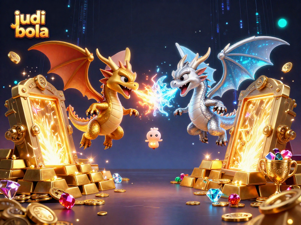 Engage with judi bola action featuring dynamic golden and silver dragons in an exciting casino setting.