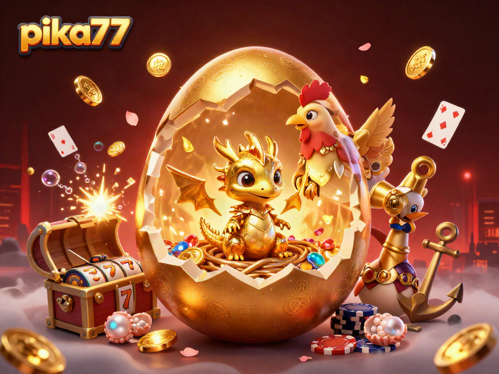 Join the excitement of pika77 with a dazzling baby dragon on poker chips amid gold coins and slot reels.