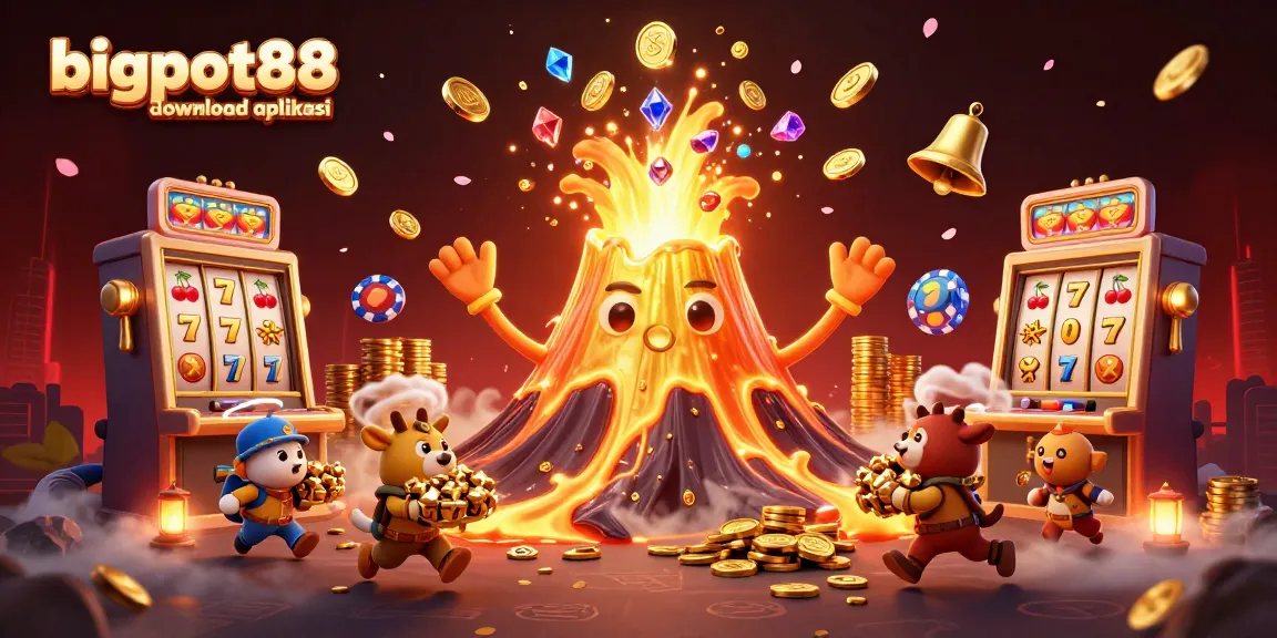Spin the reels with bigpot88 download aplikasi, featuring a vibrant 3D volcano erupting treasures around dynamic slot elements.