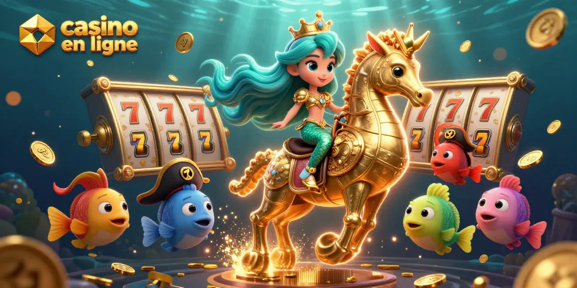 Casino en ligne : illustration 3D immersive avec une sirène et des éléments de machines à sous.