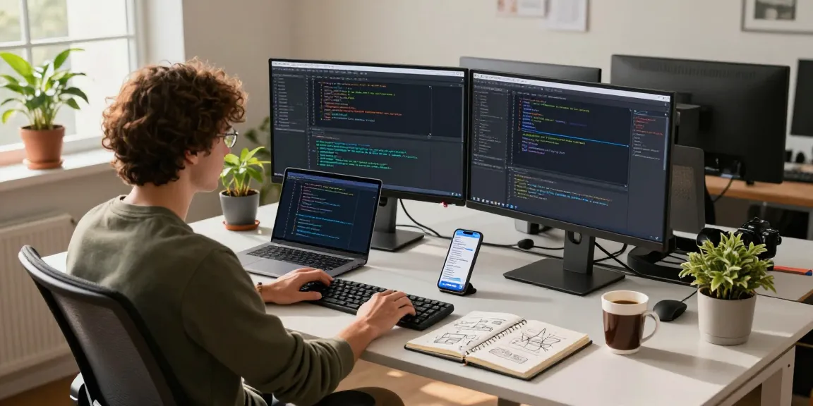 Software engineer coding with LLG link indexing on monitors in modern workspace.