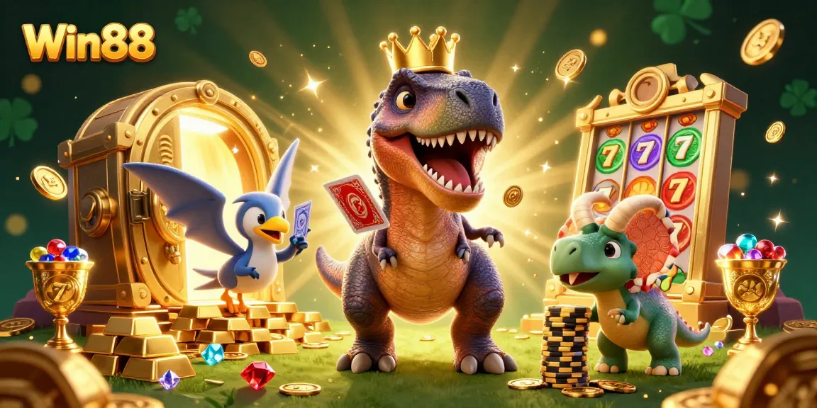 Engage with Win88 in a vibrant casino scene featuring a playful T-Rex and friends.
