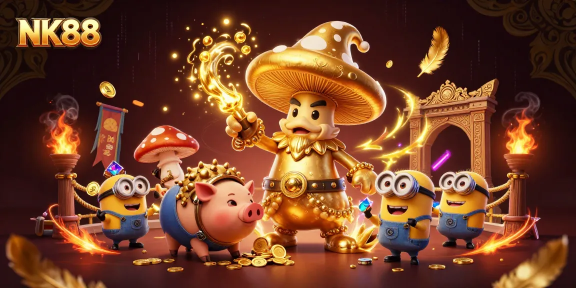 Engage with NK88's vibrant online casino atmosphere featuring golden characters and treasures.