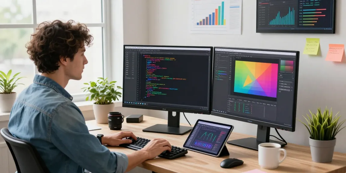 Developer using Snipaste on dual monitors in a bright office.