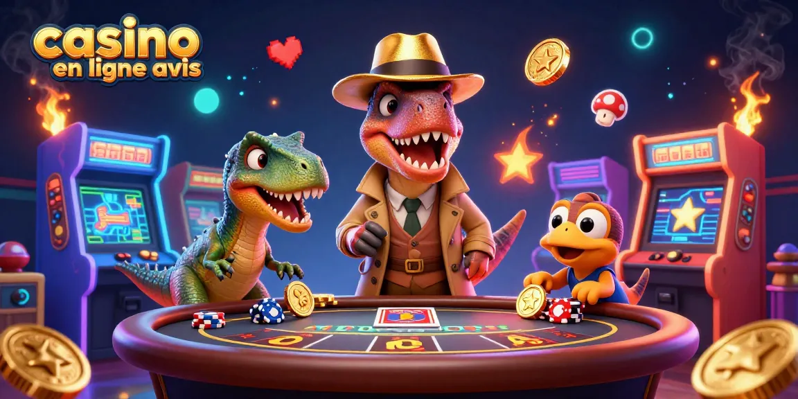 Illustration colorée de casino avec un velociraptor ceignant menant à une table de blackjack, illustrant casino en ligne avis.
