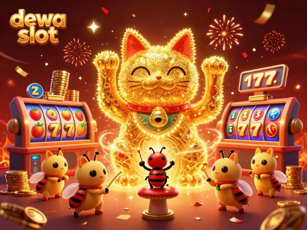 Slot gacor dewa slot menampilkan kucing keberuntungan yang dinamis dengan simbol kasino dan reaksi meriah.
