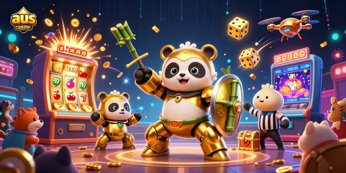 Experience exhilarating gameplay at aus casino with animated mech-suit panda and vibrant slot machine action.