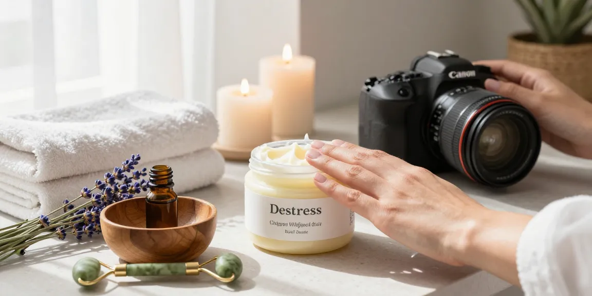 Applying De stress Whipped Body Butter in a serene home spa setting with calming elements.