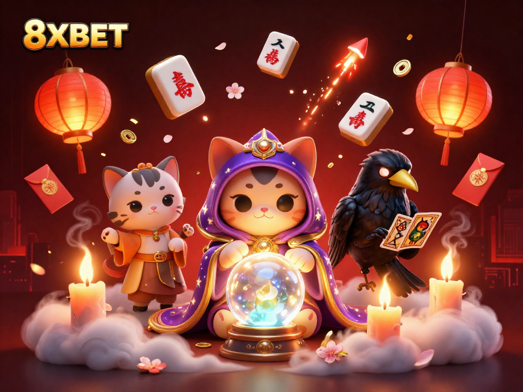 Engage with 8XBET’s vibrant online gaming scene featuring mystical illustrations.
