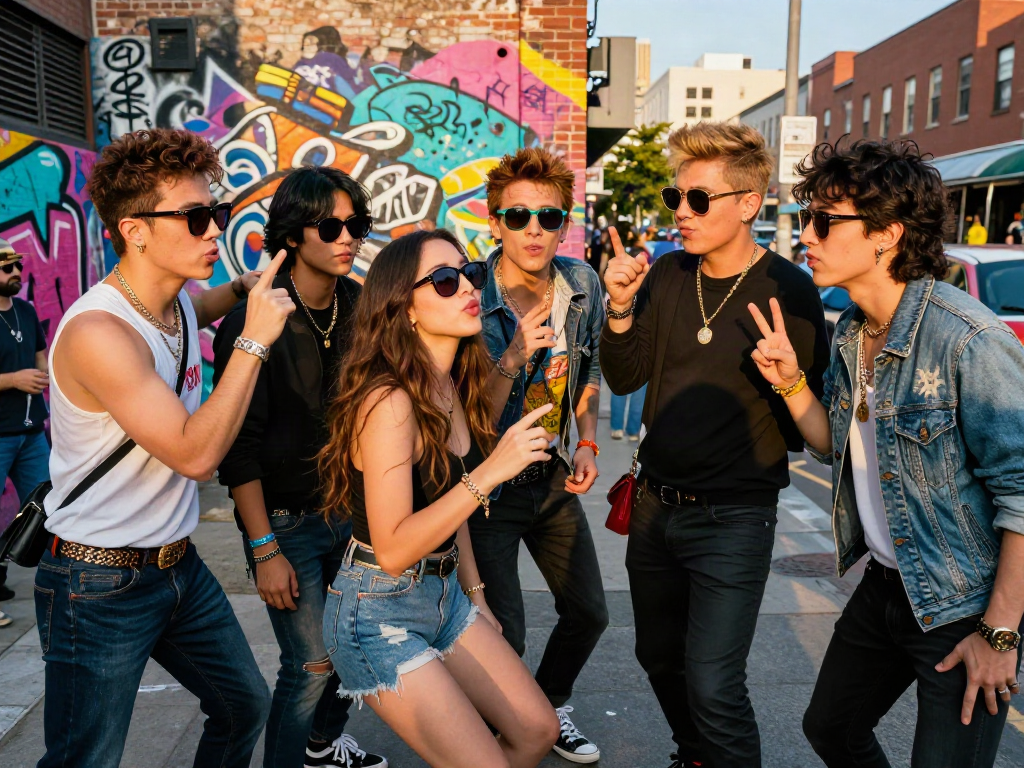 Look alikes of famous people playfully posing in an urban setting.