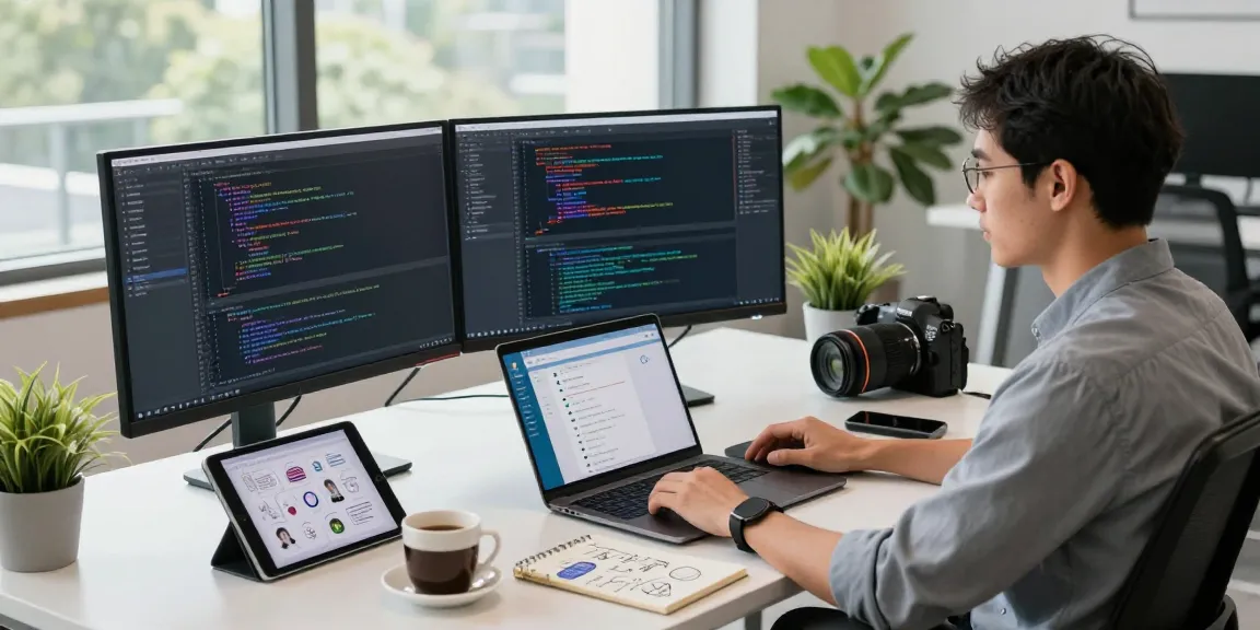 Developer immersed in coding at their modern workspace featuring tools for 纸飞机中文版 development.