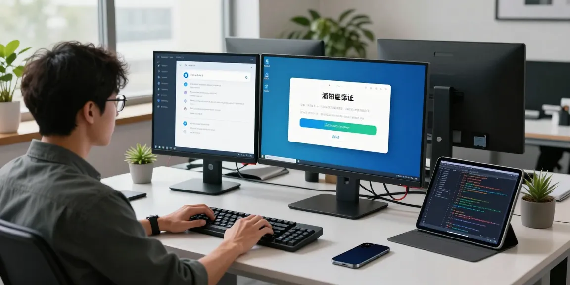 Focused individual using Telegram app for china verification in a modern tech workspace